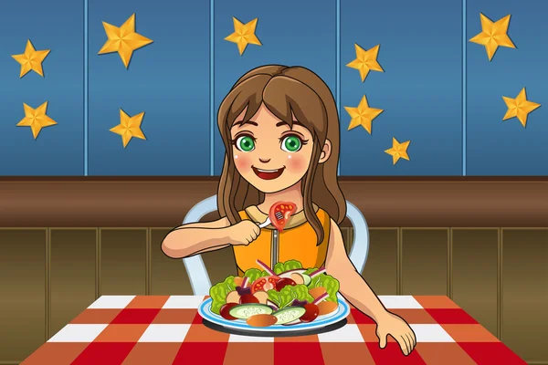 Chica comiendo ensalada — Vector de stock