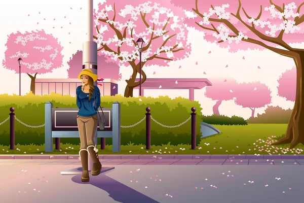 Menina andando durante a flor de cerejeira — Vetor de Stock