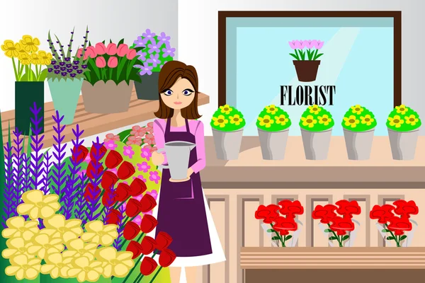 Floristería Trabajando con Ramo de Diferentes Flores — Vector de stock