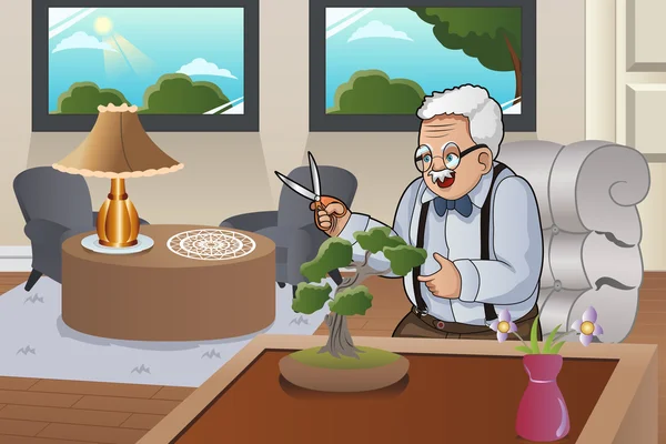 Oude Man verzorgen Bonsai — Stockvector