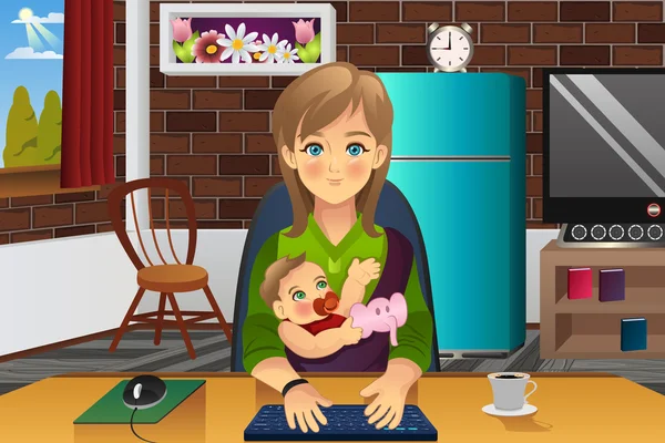 Mother Holding Her Baby While Working At Home — Stock Vector