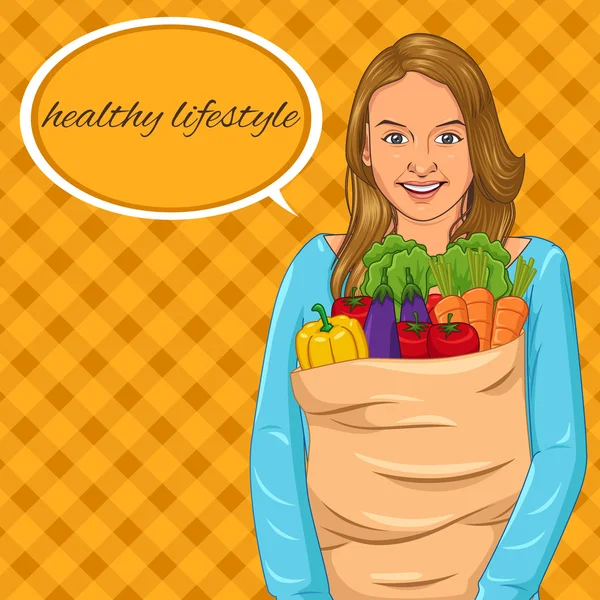 Girl Holding Paper Bag with Full of Vegetables — Stock Vector