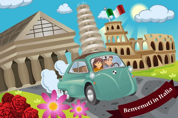 イタリアの周りのカップルの新婚旅行 — ストックベクタ