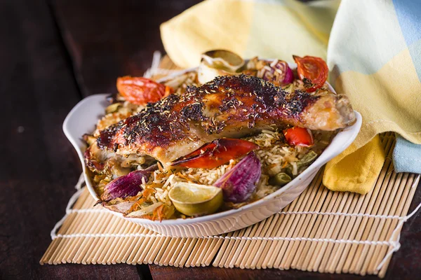 Portion Baked Chicken Leg Rice Vegetables Small White Plate — Stock Photo, Image