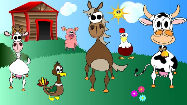 Kids cartoon vector illustration of farm animals — Stock Vector