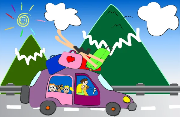 Γελοιογραφία οικογενειακό ταξίδι στην απεικόνιση διανυσματικών βουνά — Διανυσματικό Αρχείο