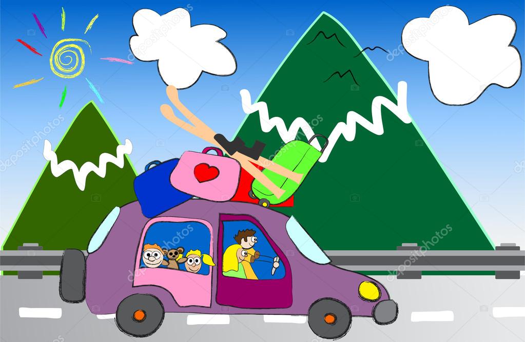 Cartoon family trip to the mountains vector illustration