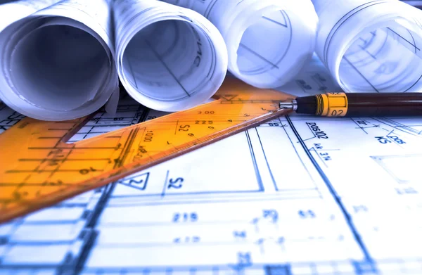 Architecture rolls architectural plans project architect blueprints real estate concept — Stock Photo, Image