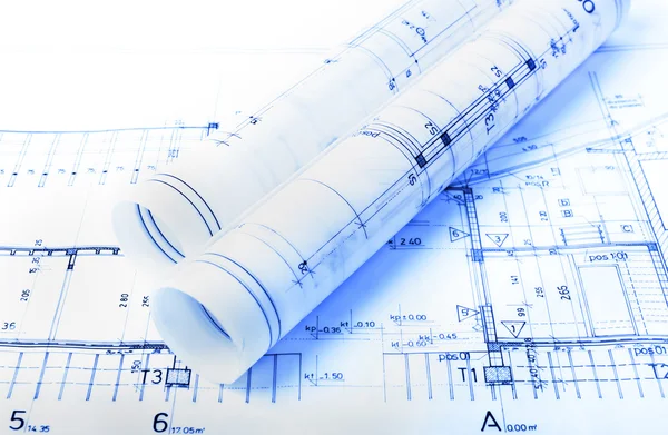 Architecture rolls architectural plans project architect blueprints real estate concept — Stock Photo, Image