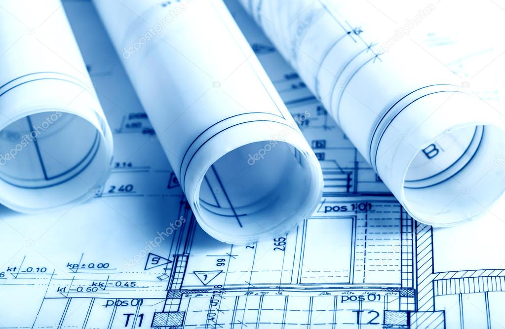 Architecture rolls architectural plans project architect blueprints real estate concept