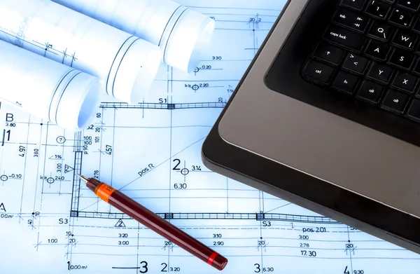 Construction industry Architecture rolls architectural plans project architect blueprints real estate concept — Stock Photo, Image