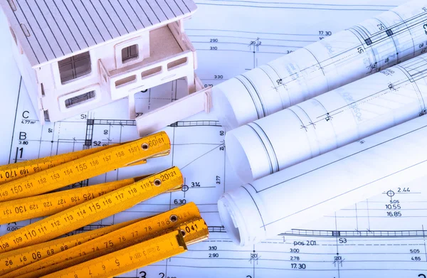 Bauindustrie Architektur rollt Architekturpläne Projekt Architekt Entwürfe Immobilienkonzept — Stockfoto