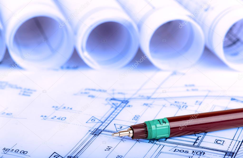 construction industry Architecture rolls architectural plans project architect blueprints real estate concept