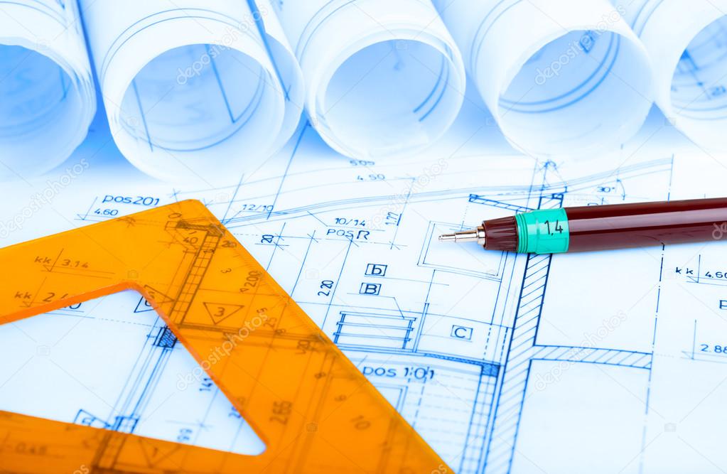 construction industry Architecture rolls architectural plans project architect blueprints real estate concept