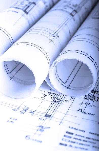 Architecture rolls architectural techical plans project architect blueprints — Stock Photo, Image