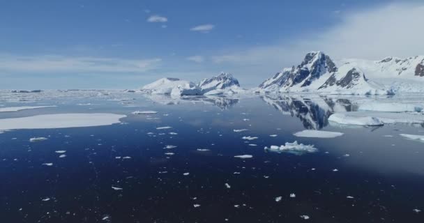 Antarctische zeegezicht aan gletsjerkust antenne. IJsbergen drijvend bij Arctische oceaanbaai. IJs smelten, sneeuw — Stockvideo