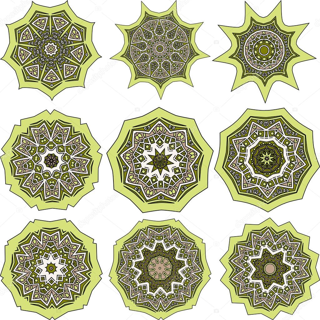 Set of bright green mandalas