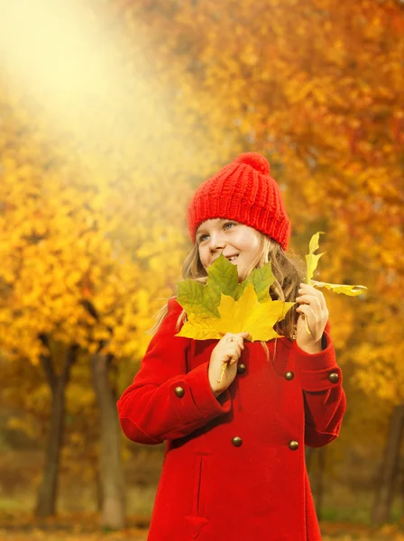 小女孩在户外用秋天叶子 — 图库照片