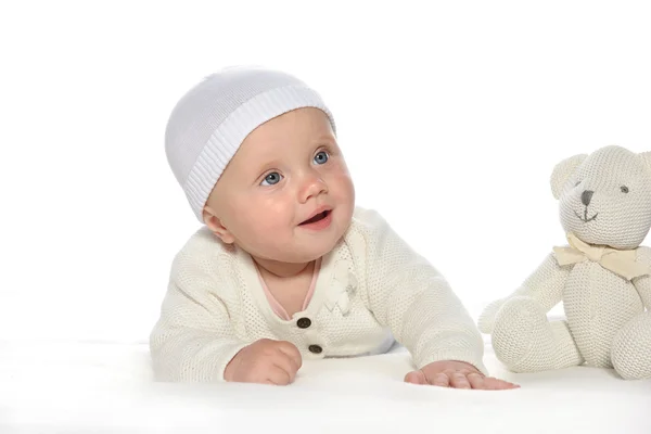 Baby little girl portrait teddy bear — Stock Photo, Image