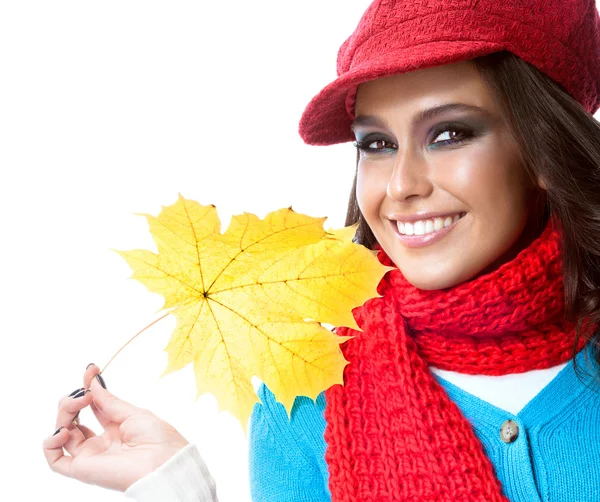 Woman beauty closeup portrait with yellow leave face skin — Stockfoto