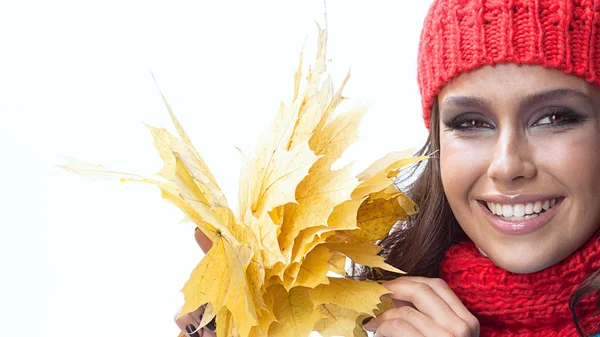 Woman beauty closeup portrait with yellow leave face skin — Stock Photo, Image