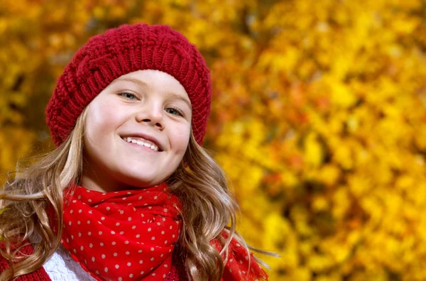 Little girl outdoors  with autumn leaves — Stock Photo, Image