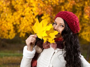 genç kadınla açık havada sonbahar yaprakları