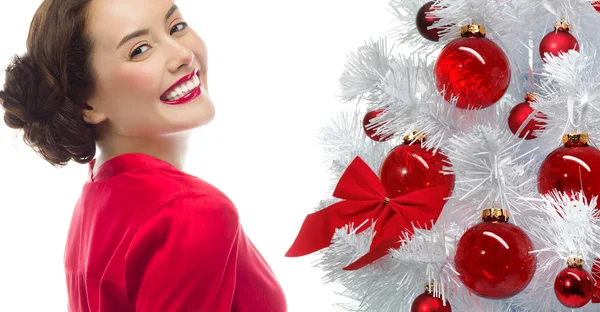 Mujer belleza árbol de Navidad —  Fotos de Stock