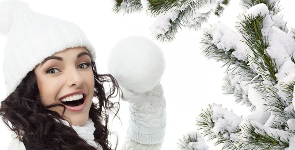 Mulher inverno chistmas árvore coberta de neve — Fotografia de Stock