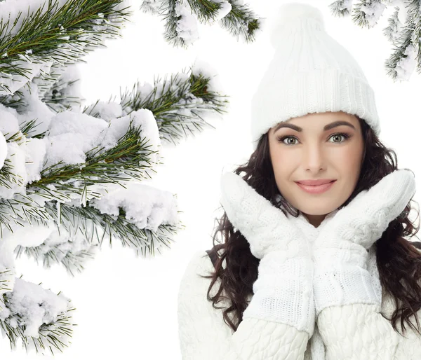Woman winter chistmas tree covered with snow — Stock Photo, Image