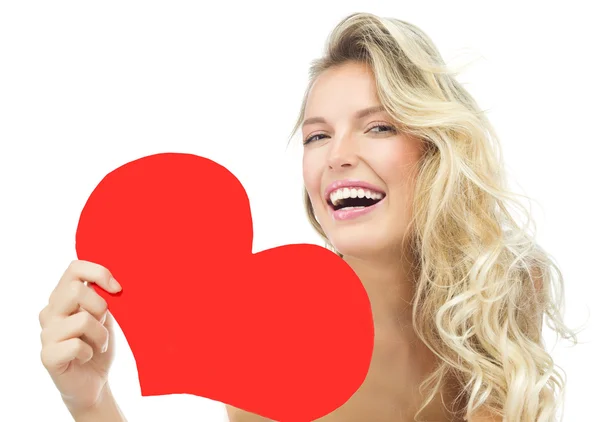 Vrouw schoonheid rood hart Valentijnsdag liefde — Stockfoto