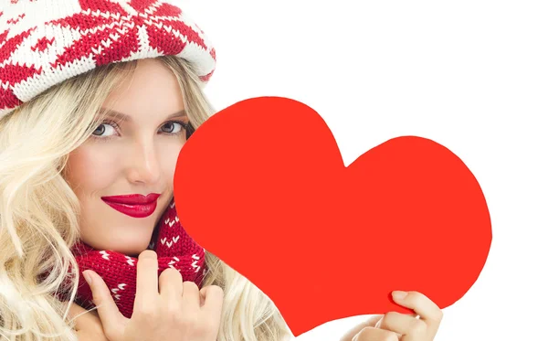 Miłość kobiety zimą czerwone serce valentine — Zdjęcie stockowe