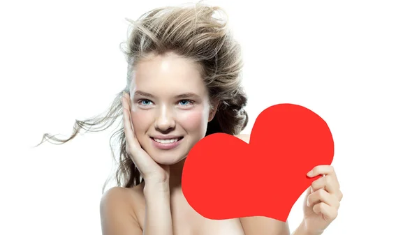 De schoonheid van de vrouw met rood hart Valentijnsdag liefde — Stockfoto