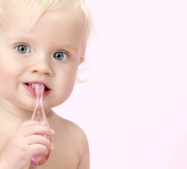 Little child baby brushink teeth — Stock Photo, Image