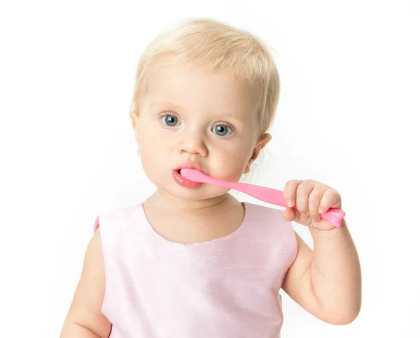 Little baby brushing teeth — Stock Photo, Image