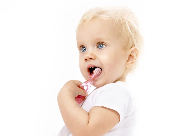 Malé dítě dítě čistit zuby — Stock fotografie