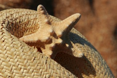 Hasır şapka ve deniz yıldızının açık hava görüntüsü Doğu Kırım 'dan deniz kumu arka planında