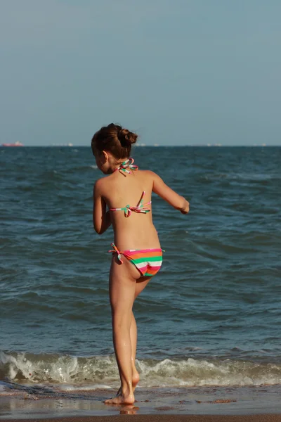 Happy Little Girl Swimsuit Played Sand Black Sea Relaxing East — Stock Photo, Image