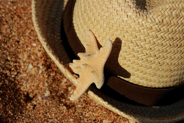 Imagen Exterior Del Sombrero Paja Las Estrellas Mar Sobre Fondo —  Fotos de Stock