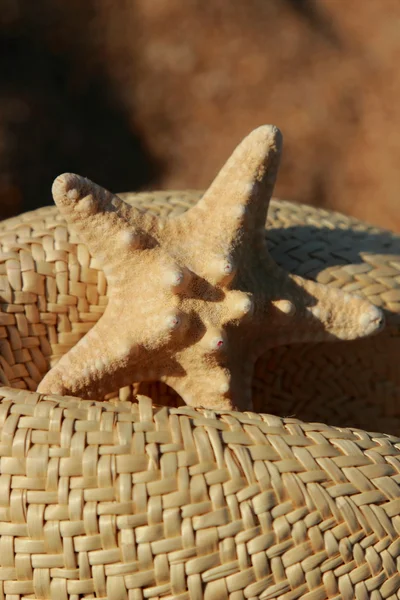 Outdoor image of straw hat and sea starfish — Φωτογραφία Αρχείου