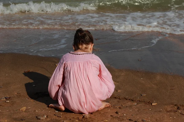 Outdoor Image Beautiful Little Girl Playing Sea Beach East Crimea — Stock Photo, Image