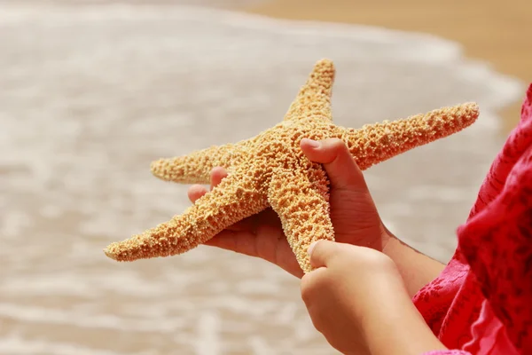 Huge star fish in kids hand — Stock Photo, Image