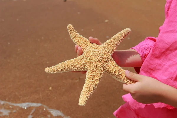 Énorme Étoile Poisson Dans Les Enfants Main Sur Fond Bord — Photo