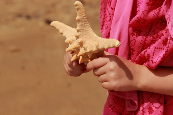 Kleines Mädchen Rosafarbenen Sommerkleid Mit Riesigen Sternenfischen Über Dem Sandhintergrund — Stockfoto