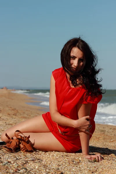 Lady in red over the Black Sea — 스톡 사진