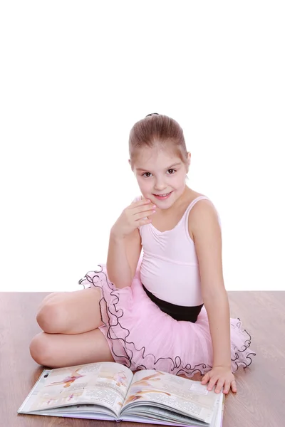 Studio Image Beautiful Little Ballerina Pink Tutu Sitting Hardwood Floor — Stock Photo, Image