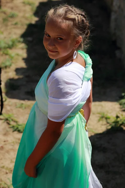 Charming Smiling Young Girl Greek Tunic Holds Olive Sprig Background — Stock Photo, Image