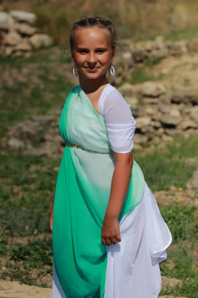 Charming Smiling Young Girl Greek Tunic Holds Olive Sprig Background — Stock Photo, Image