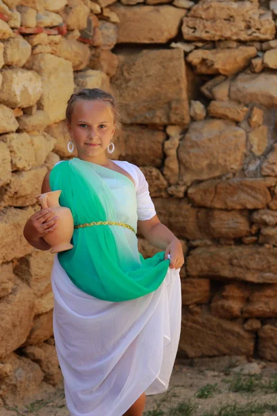 Cute Little Girl Beautiful Hair Long Tunic Holding Greek Amphora — Stock Photo, Image