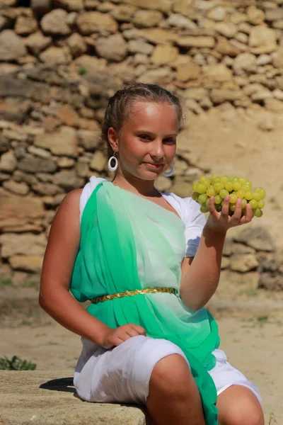 Χαριτωμένο Κοριτσάκι Όμορφα Μαλλιά Ένα Μακρύ Χιτώνα Κρατώντας Ένα Ελληνικό — Φωτογραφία Αρχείου